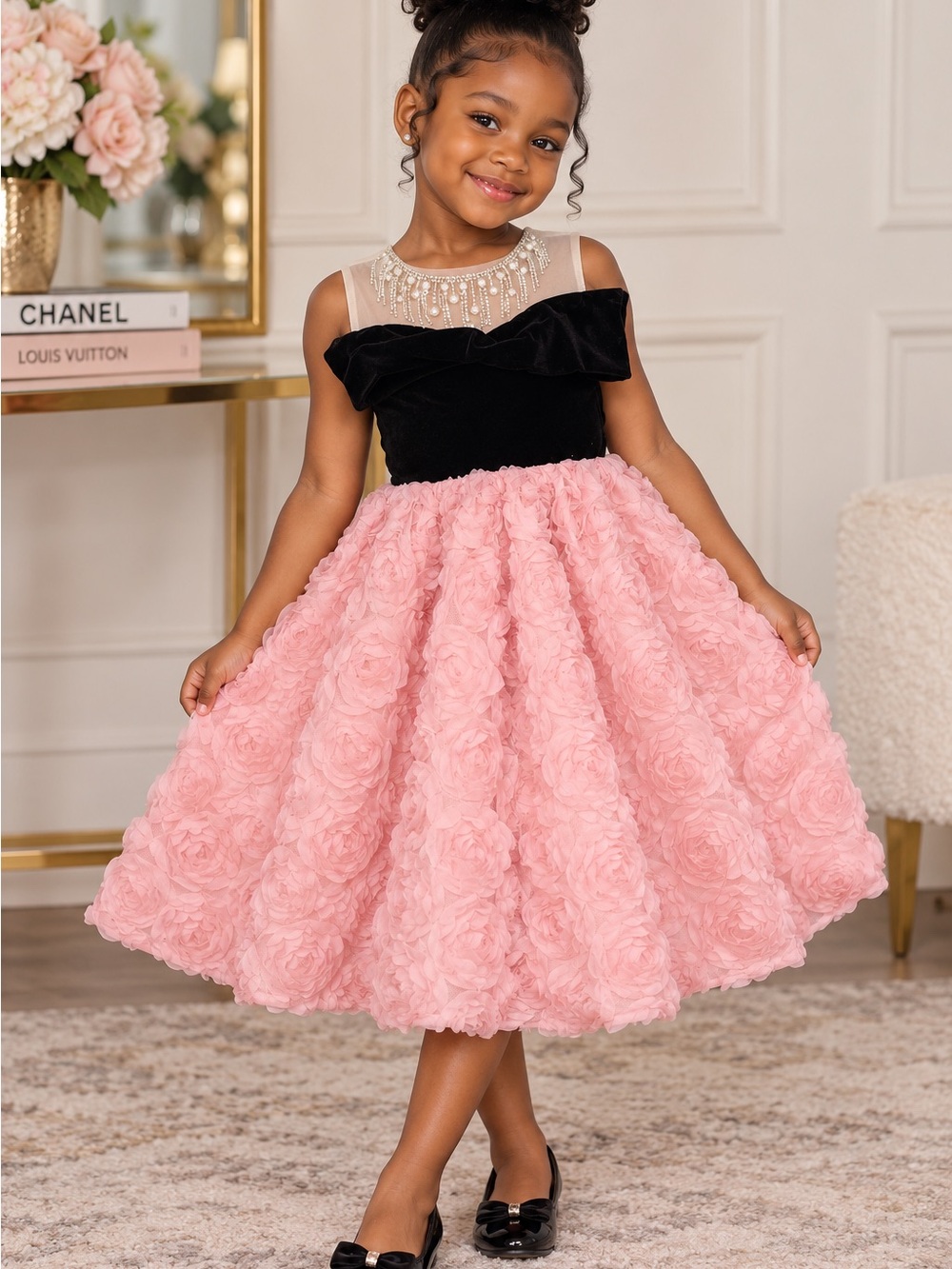 Girls Pink Floral Rosette Tulle Party Dress with Black Velvet Bodice (5-6) years
